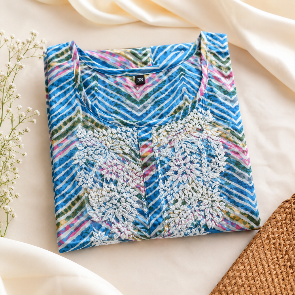Aabha Sky Blue Lucknowi Kurti